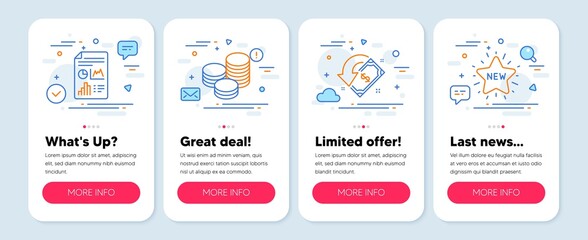 Set of Finance icons, such as Tips, Report document, Cashback symbols. Mobile app mockup banners. New star line icons. Cash coins, Growth chart, Receive money. Shopping. Tips icons. Vector