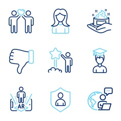People icons set. Included icon as Friends couple, Dislike hand, Skin care signs. Star, Augmented reality, Student symbols. Security, Woman line icons. Friendship, Thumbs down. Line icons set. Vector