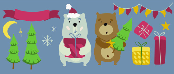 Christmas collection brown and polar bear. Cartoon style. Christmas trees, gifts, flags. Happy new year.