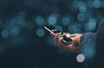 Businessman holding smartphone.and showing customer online evaluation result for five star....
