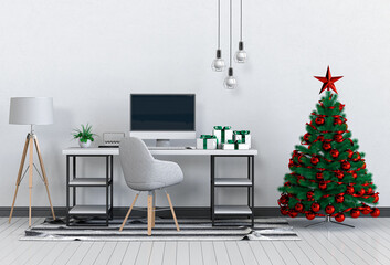 Christmas interior workspace with computer. 3d render