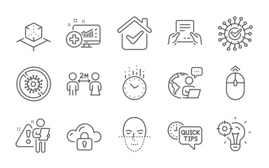 Fototapeta na wymiar Time, Receive file and Quick tips line icons set. Medical analytics, Face recognition and Swipe up signs. Stop coronavirus, Seo idea and Augmented reality symbols. Line icons set. Vector
