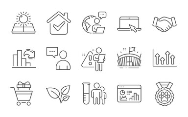Decreasing graph, Arena and Leaves line icons set. Handshake, Shopping trolley and Upper arrows signs. Seo statistics, Dog competition and Portable computer symbols. Line icons set. Vector