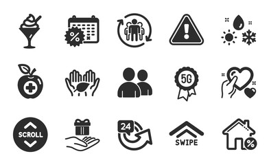 Teamwork, Loan house and Weather icons simple set. Ice cream, Loyalty program and Calendar discounts signs. 24 hours, Medical food and Scroll down symbols. Swipe up, Fair trade and Users. Vector