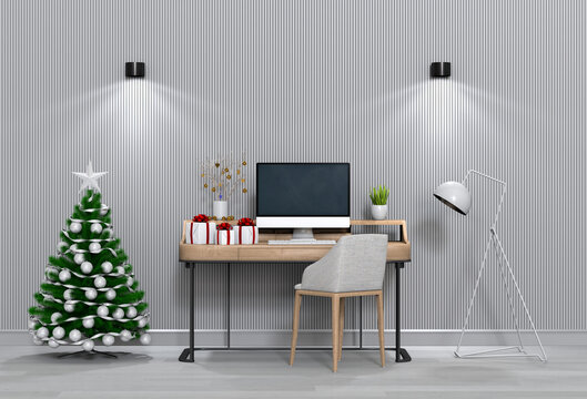 Christmas interior workspace with computer. 3d render