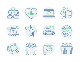 Love icons set. Included icon as Love award, Love letter, Be true signs. Hold heart, Friends couple, Honeymoon cruise symbols. Honeymoon travel, Friendship line icons. Valentines day, Heart. Vector