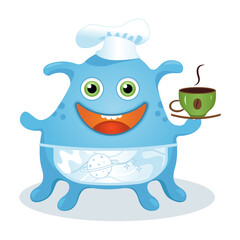 The kind alien cook is wearing a white hat and an apron, smiling and holding a cup of coffee. It's a nice vector illustration for restaurant. It's a logotype with the nice monster chef.