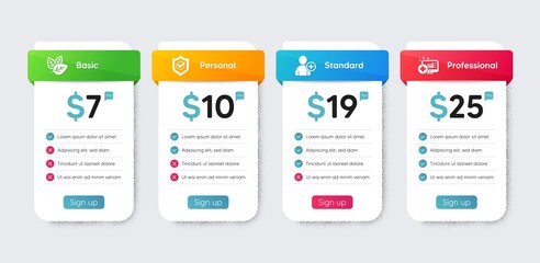 Business icons set. Price table chart, business plan template. Included icon as Medical analytics, Approved shield, Organic tested signs. Add user flat icons. Vector