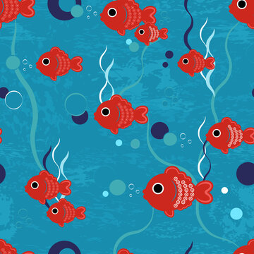 Cute cartoon red fish are swimming beneath the blue waves, bubbles and seaweeds. It's a seamless vector background for kids. There are toy fish, whose scale is like flowers.