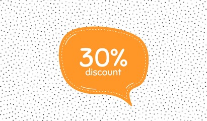 30% Discount. Orange speech bubble on polka dot pattern. Sale offer price sign. Special offer symbol. Dialogue or thought speech balloon on polka dot background. Vector