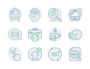 Technology icons set. Included icon as 5g upload, Bus parking, Messenger signs. 360 degrees, Ship, Checkbox symbols. Search statistics, Train, Businessman case. Block diagram, Seo file. Vector