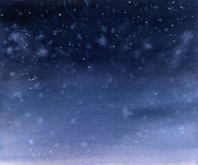 Starry night, snowy night hand drawn in watercolor. Dark fantasy watercolor background. Dark night sky 