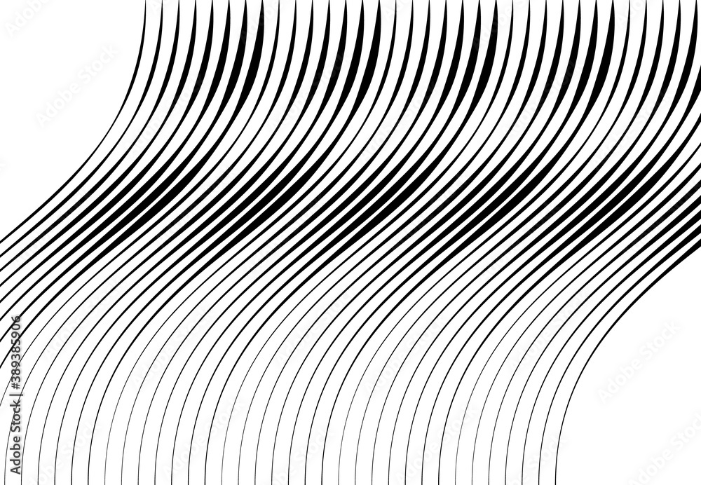 Poster Abstract wavy, waving, billowy and undulating lines, stripes. Squiggly, squiggle lines with twist effect. Abstract black and white, monochrome, grayscale pattern, background, backdrop and texture