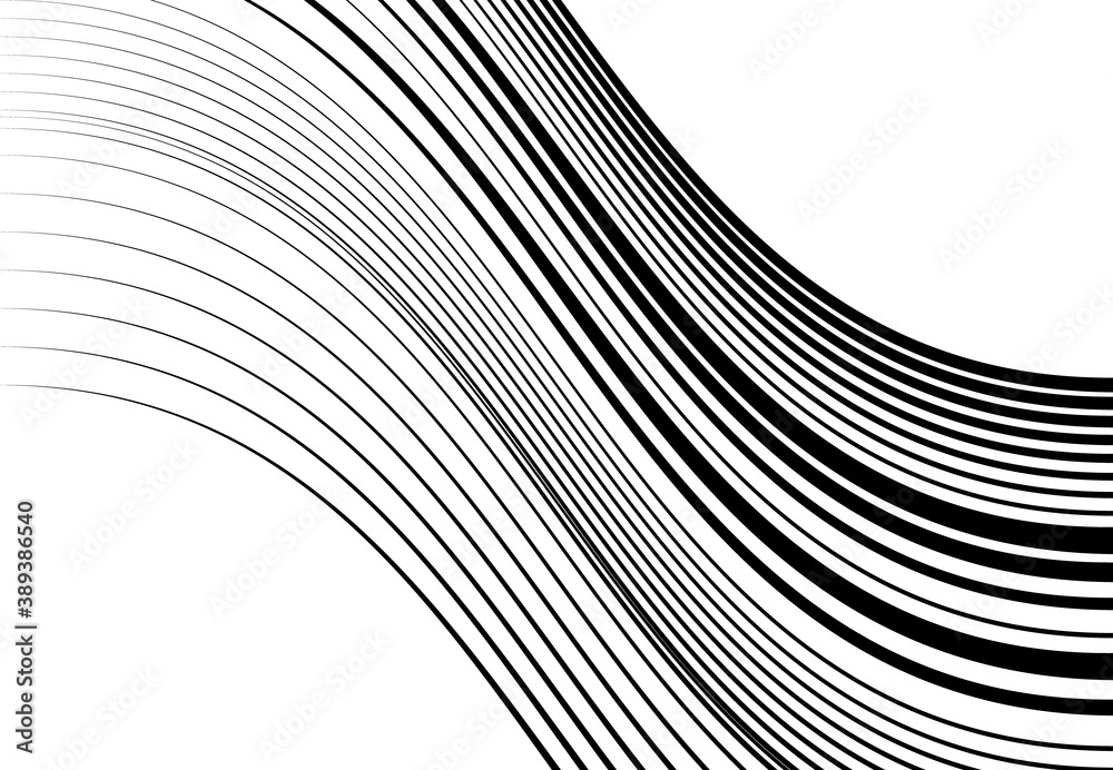 Poster Abstract wavy, waving, billowy and undulating lines, stripes. Squiggly, squiggle lines with twist effect. Abstract black and white, monochrome, grayscale pattern, background, backdrop and texture