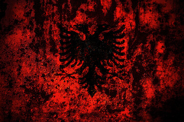 Albania, Albanian flag on grunge metal background texture with scratches and cracks