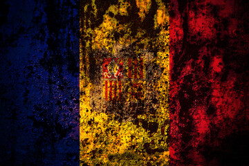Andorra, Andorran flag on grunge metal background texture with scratches and cracks