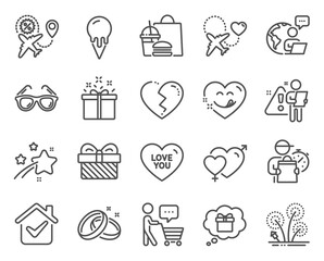 Holidays icons set. Included icon as Ice cream, Special offer, Fireworks signs. Sunglasses, Gift, Love you symbols. Broken heart, Gift dream, Honeymoon travel. Yummy smile, Male female. Vector