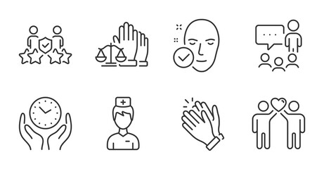 Health skin, Security agency and Court jury line icons set. Clapping hands, Safe time and People chatting signs. Friends couple, Doctor symbols. Clean face, Body guards, Justice voting. Vector