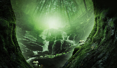Fantasy world. Waterfall in heart of enchanted misty forest