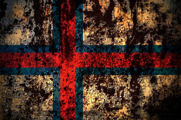 Faroe Islands, Faroese flag on grunge metal background texture with scratches and cracks