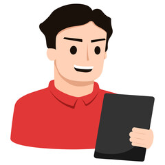 A man character wearing pink shirt holding black tablet, vector illustration.