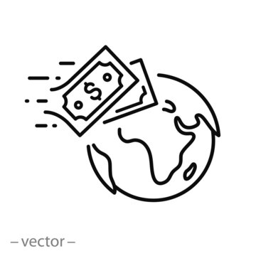 Transfer Wire Money Icon, Global Remittance, Fast Electronic Pay, Thin Line Symbol On White Background - Editable Stroke Vector Illustration
