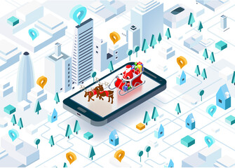 Santa Claus with sleigh full of presents and Reindeer righting in the City. Christmas is coming to town. Isometric illustration