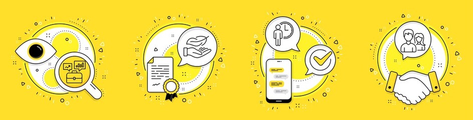 Lightweight, Waiting and Business portfolio line icons set. Licence, cell phone and deal vector icons. Couple sign. Feather nib, Service time, Job interview. Male and female. Business set. Vector