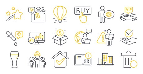 Set of Business icons, such as Approved, Vip transfer, Air balloon symbols. Engineering team, Chemistry pipette, Instruction info signs. Travel luggage, Recovery trash, Candlestick chart. Vector
