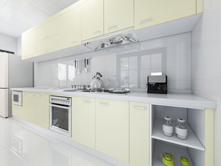 Fototapeta premium Spacious and beautiful kitchen, there are kitchenware, stove, refrigerator and other equipment
