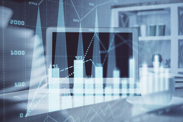 Forex Chart hologram on table with computer background. Double exposure. Concept of financial markets.