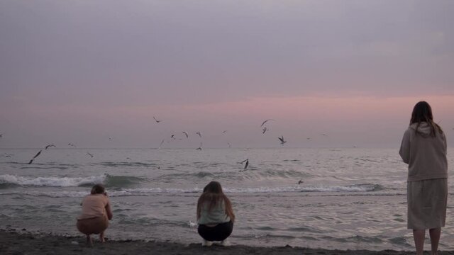 Women watch as seagulls fly over the sea at sunset and take photos on the phone.