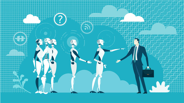 Robots vs humans. People communicating and developing robots. Robots helping people to solve problems, back up, nano technology, new era. Business concept illustration