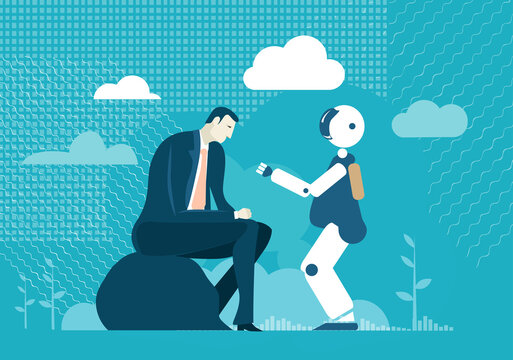 Robots vs humans. People communicating and developing robots. Robots helping people to solve problems, back up, nano technology, new era. Business concept illustration