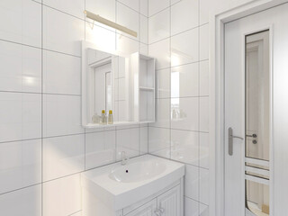 The bathroom is clean and tidy with bath room, dressing table, etc