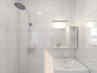 The bathroom is clean and tidy with bath room, dressing table, etc