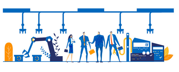 Business people inspection factory. Business people stand next to line belt and watching robotic arm working. 