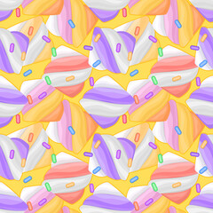 Seamless pattern with marshmallows on yellow background. Color illustration of dessert in cartoon style. Vector eps 10 illustration