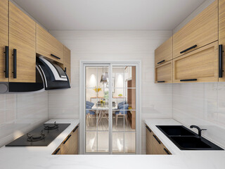 Spacious and beautiful kitchen, there are kitchenware, stove, refrigerator and other equipment