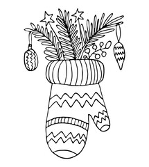 Black outline mitten and Christmas floral, ornaments vector illustration. Hand drawing line art for cute holidays cards design.