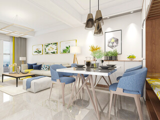 Clean and tidy dining room has wooden table and chair, very neat and clean