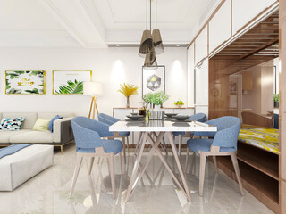 Clean and tidy dining room has wooden table and chair, very neat and clean
