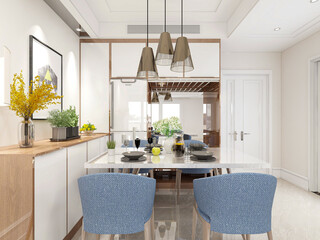 Clean and tidy dining room has wooden table and chair, very neat and clean