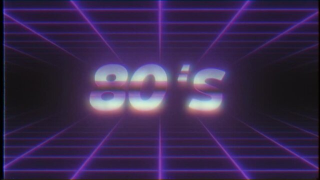Retro wave style background. 80’s sign with glitch flickering effect. VHS tape noise texture. Dynamic wireframe grid or tunnel motion. Cyberspace. Synthwave, vaporwave. Retro, vintage animation in 4K