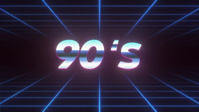 Retro wave style background. 90’s sign with glitch flickering effect. VHS tape noise texture. Dynamic wireframe grid or tunnel motion. Cyberspace. Synthwave, vaporwave. Retro, vintage animation in 4K