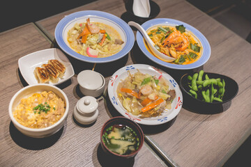 japanese food of udon rice and gyoza, Traditional Japanese food at local restaurant