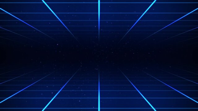 Abstract sci-fi grid or wireframe net footage. Dynamic blinking and moving stars on the background. Bright glowing neon lights. Hight technology. Blue colors. Space. Retro wave synthwave 4K animation