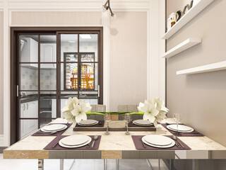 Clean and tidy dining room has wooden table and chair, very neat and clean