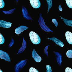 Watercolor Hand Drawn Clip Art Seamless Pattern Print Abstract Bird Blue Feather Egg Boho Isolated Elements Black Background
