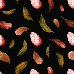Watercolor Hand Drawn Clip Art Seamless Pattern Print Abstract Bird Red Feather Egg Boho Isolated Elements Black Background